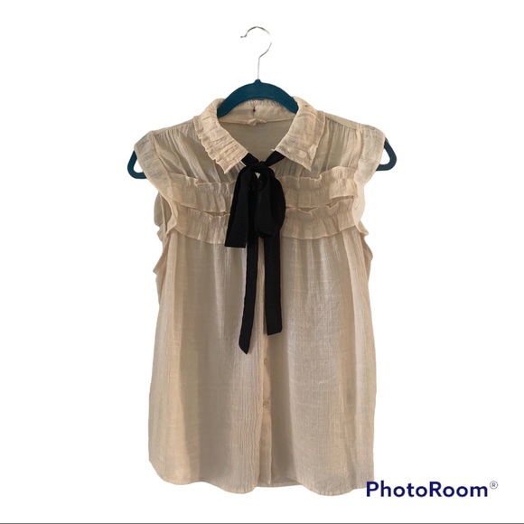 Tops - Woman’s E&M Large Sheer Cream/black neck tie button down capped sleeve blouse